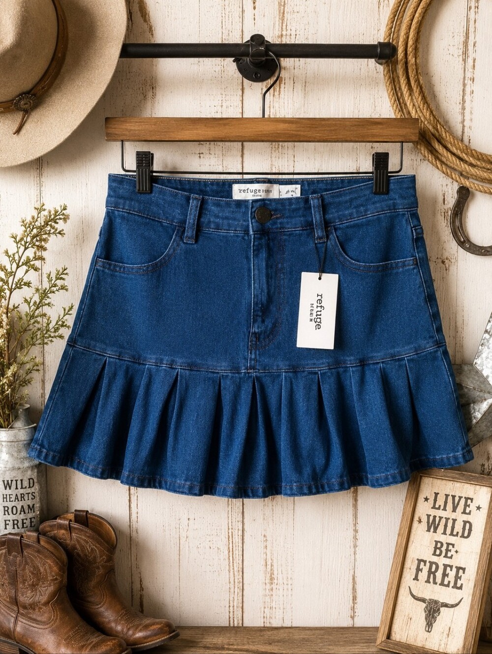 refuge Dark Blue Denim Ruffled Mini Skirt
